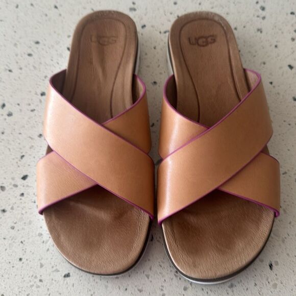 UGG Kari Women's Natural Tan & Pink Leather Slide Sandals Casual Comfy Size 6.5 - Picture 2 of 8